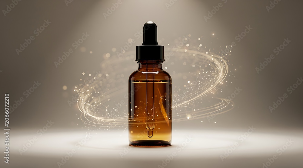 Fototapeta premium Amber Glass Dropper Bottle with Golden Swirls and Particles.