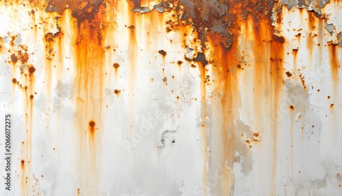 Rust stain background featuring orange and brown corrosion marks spreading across a white surface, realistic weathered texture, industrial maintenance concept