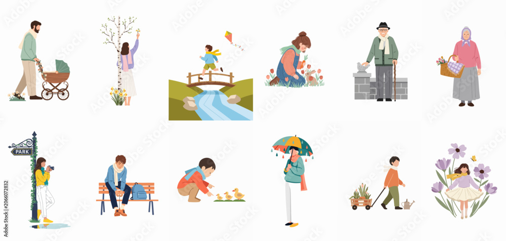 Naklejka premium Collection of flat illustrations depicting diverse people of all ages enjoying various outdoor activities and nature during the spring season.