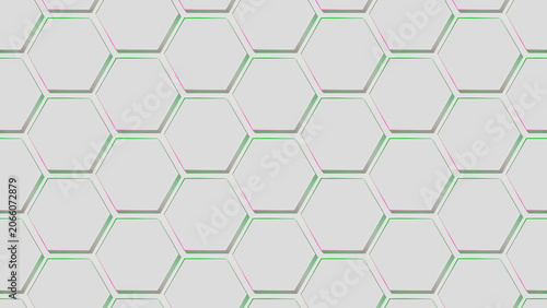 Honeycomb hexagonal tile grid, green pink accent borders, multilayer geometric pattern