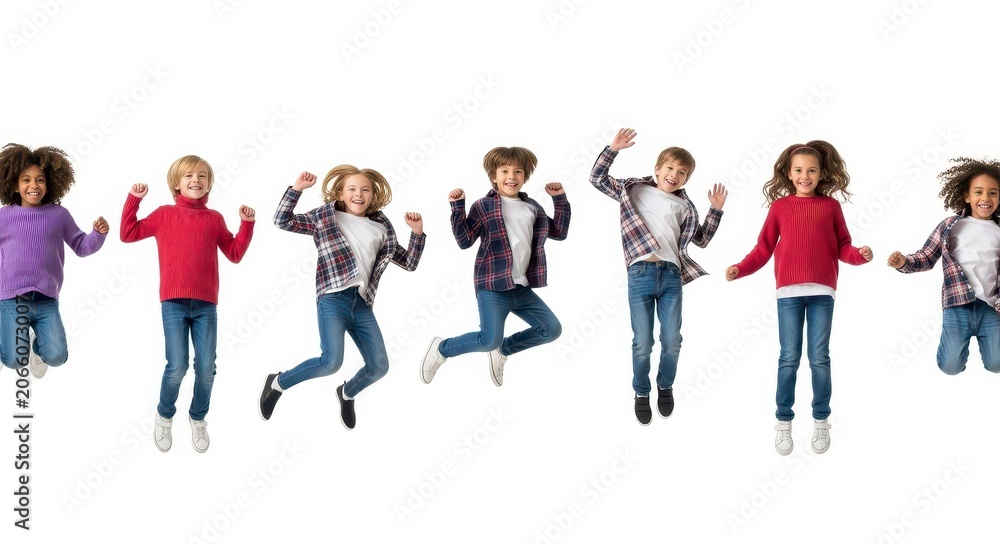Obraz premium Group of Happy Diverse Children Jumping Together Isolated on White Background