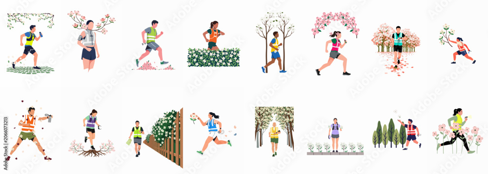 Fototapeta premium Set of Flat Illustrations Depicting People Running and Jogging in Nature Settings with Blooming Spring Flowers and Trees