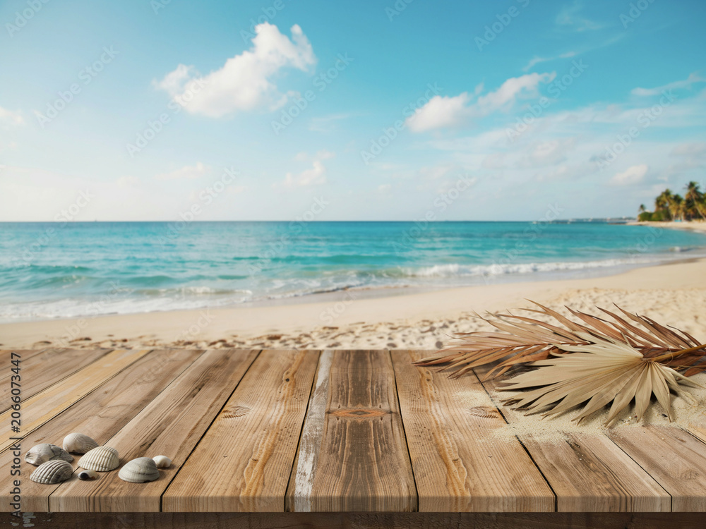 Fototapeta premium Serene beach scene with wooden deck and tropical elements ocean waves and palm trees