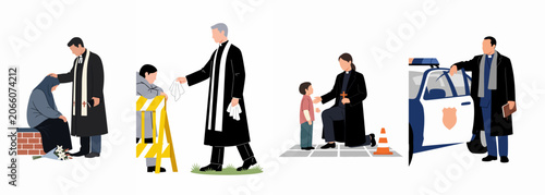 Konstfotografi Illustrations of clergy members providing spiritual support, comfort, and assistance to individuals during tragic events, accidents, and police incidents in a flat vector style