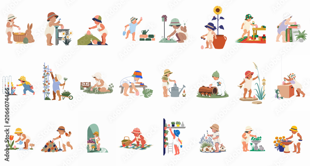 Fototapeta premium Collection of illustrations featuring toddlers and babies participating in spring activities and Easter egg hunts in various garden settings on a white background.