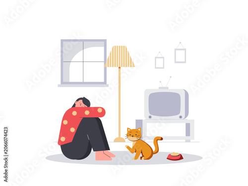 Obraz na plátně A woman feeling despondent or mentally disturbed, sharing her living space with a cat
