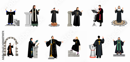 Obraz na płótnie Collection of diverse priests and pastors in religious robes performing various church duties like preaching, praying, and reading