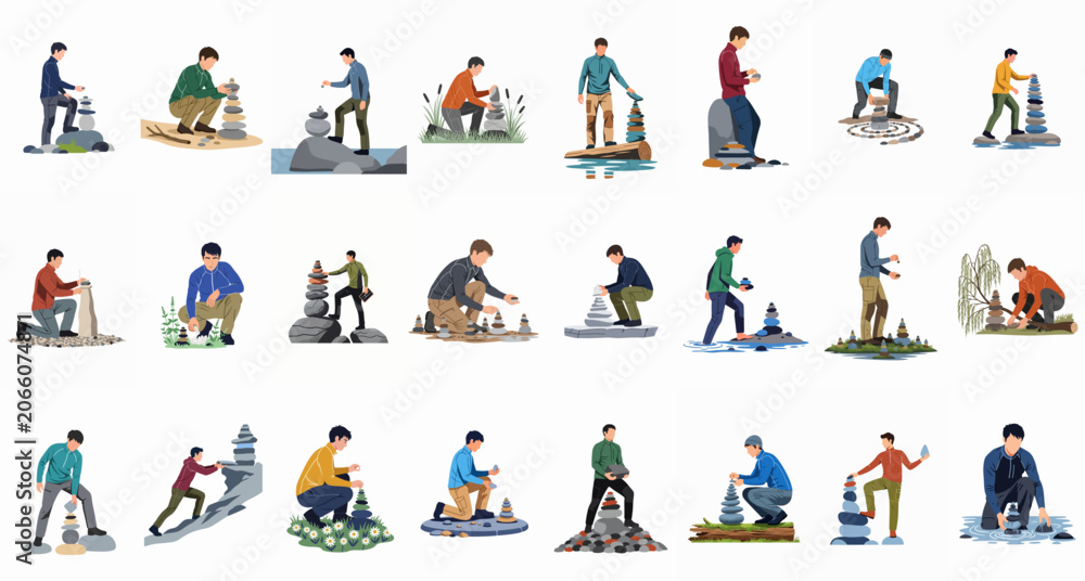 Fototapeta premium Collection of Illustrations Showing Men Building Balanced Rock Stacks and Cairns in Various Natural Landscapes, Representing Mindfulness, Patience, and Stability.