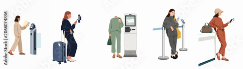 Fotografie Set of modern women travelers using smartphones and self-service kiosks for digital check-in and boarding at an airport terminal
