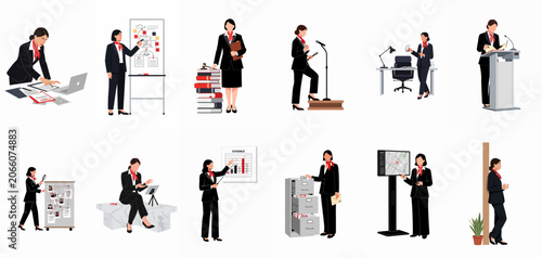 Collection of flat vector illustrations depicting a professional woman in a business suit in various roles including lawyer, presenter, investigator, and office worker.