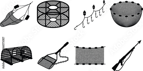 Photos Traditional Fishing Nets and Aquaculture Equipment Silhouette Collection Set