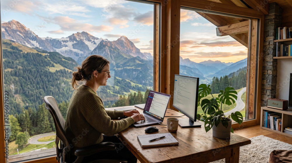 Fototapeta premium Woman working remotely at desk with mountain landscape view through large window