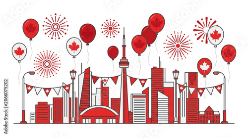 Canada day celebration in toronto cityscape with balloons