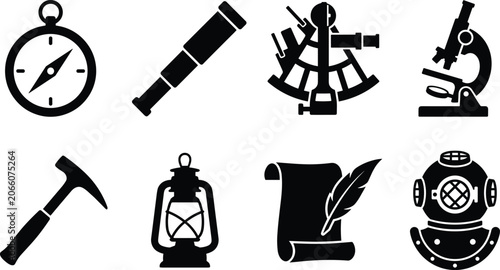 Fotografie Vintage Exploration and Scientific Instrument Silhouette Icon Collection Vector