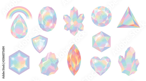 Obraz na płótnie Collection of iridescent, holographic gemstones and crystals in various shapes and cuts, isolated on white background