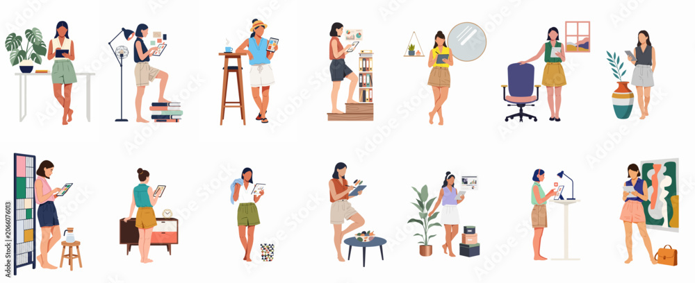 Fototapeta premium Collection of Modern Flat Vector Illustrations Featuring Women Working, Studying, and Using Tablets in Various Stylized Home and Office Settings.