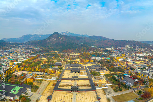 Photography Aerial panorama view of Gyeongbokgung Palace in autumn, Seoul, South Korea