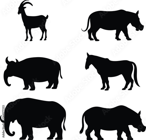 Photography Wild Animal Silhouette Collection Featuring Elephant Rhinoceros Horse and Goat I