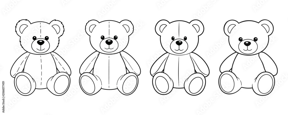 Obraz premium Minimalist line art illustrations of sitting teddy bears, cute stuffed animal and children's coloring book concept.
