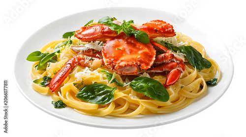 Creamy seafood pasta with lobster and basil garnish shellfish delicious restaurant culinary mediterranean homemade nutrition parmesan gastronomy prepared delicacy appetizing