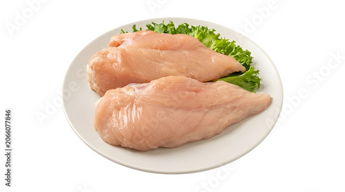 Raw chicken breast fillets on a plate with fresh lettuce garnish ingredient culinary nutrition prepared wholesome freshness nutritionist wellness gastronomy homemade butchery