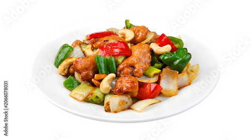 Stir fried chicken with cashew nuts and bell peppers restaurant delicious vegetables flavorful oriental gastronomy culinary ingredients colorful homemade proteinrich