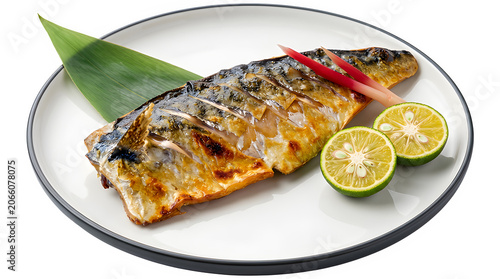 Grilled mackerel fillet served with lime and ginger garnish mackerel japanese restaurant culinary gastronomy flavorful fishdish seafooddish proteinrich traditional