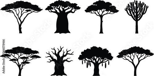 Tableau sur toile African savanna tree silhouettes set featuring baobab acacia and sausage tree bl