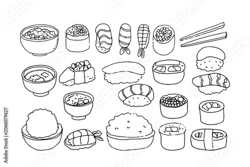 Minimalist Japanese sushi line art icons set with hand drawn rolls and sashimi
