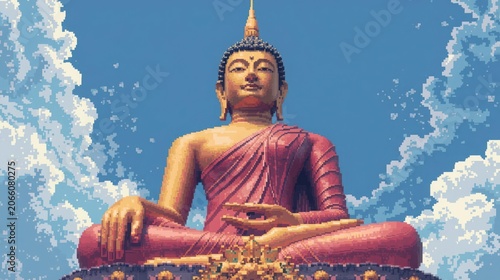 Buddhist Monk Meditating Under Blue Sky with Clouds in Traditional Robe
