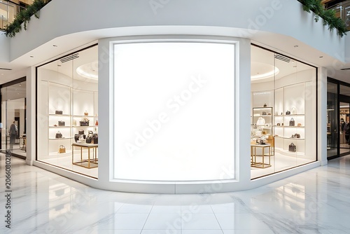 Luxury retail storefront showing a curved white architectural corner wall hosting a blank large, glowing white backlit display mockup against brightly   boutique shop inside