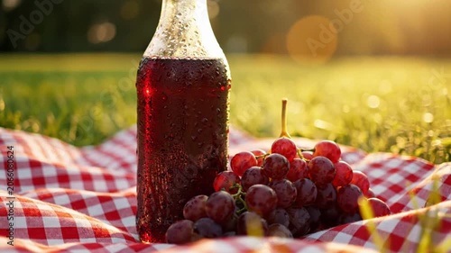  Fresh Red Grape Juice Bottle With Grape Bunch On Red Checkered Picnic Blanket Sunny Outdoor Garden Photography