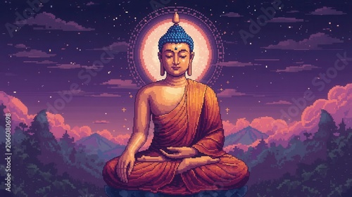 Meditating Buddha Statue in Cosmic Sky with Radiant Aura Digital Art