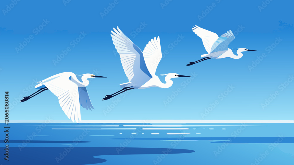 Obraz premium Minimalist illustration of three white egrets flying in formation over a calm blue sea under a clear sky.