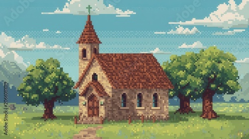 Quaint Rural Church in Pixel Art Landscape with Blue Sky and Trees