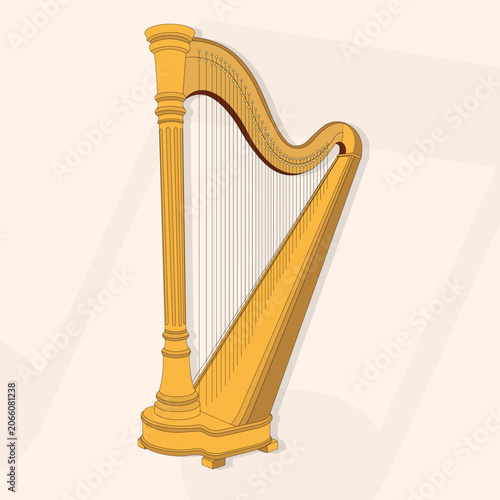 Golden classical harp vector illustration on light background