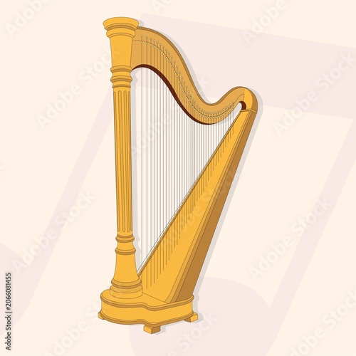 Golden classical harp vector illustration on light background