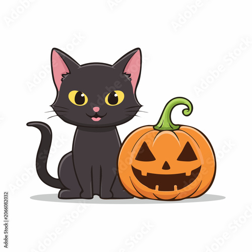 Cute Black Cat and Jack-o'-Lantern Illustration