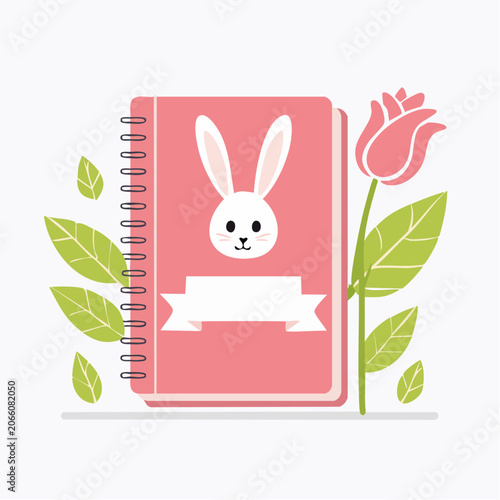 Cute Bunny Notebook with Tulip and Leaves