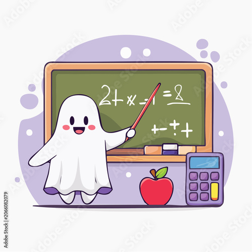 Cute Ghost Teacher Explaining Math on Blackboard