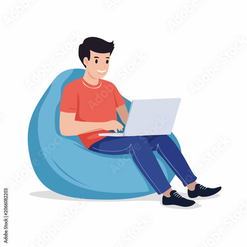 Man Sitting on Beanbag Chair Using Laptop