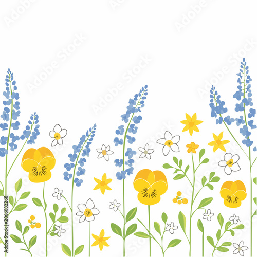 Spring Meadow Border with Blue, Yellow, and White Flowers
