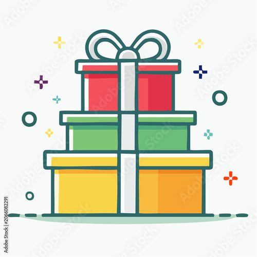 Stack of Colorful Gift Boxes with Ribbon and Confetti