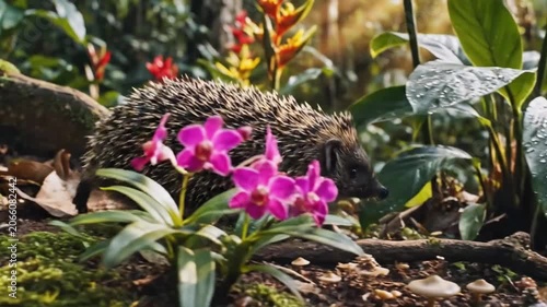 Cute Hedgehog Sitting Among Vibrant Pink Orchid Flowers Tropical Garden Nature Wildlife Close-Up Photography