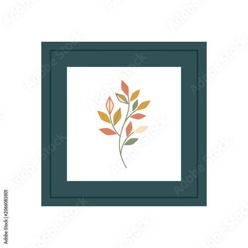 Minimalist botanical illustration of a small leafy plant branch inside a dark teal square frame.