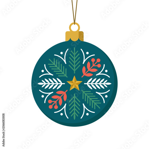 Decorative dark teal Christmas bauble with floral and star pattern illustration.