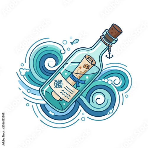 A message in a glass bottle floating on stylized blue ocean waves.