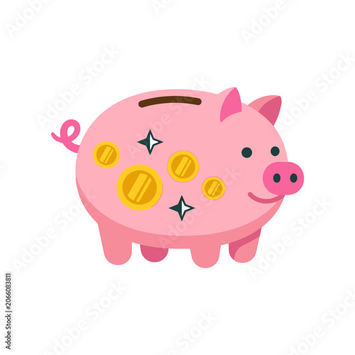 Cute pink piggy bank illustration with gold coins and sparkling stars.