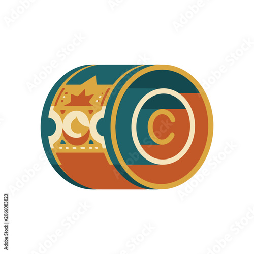 Stylized flat illustration of a circular copyright symbol icon with decorative geometric patterns.