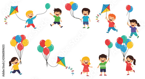 A cheerful collection of cartoon children running and playing happily with colorful balloons and kites on a plain white background.